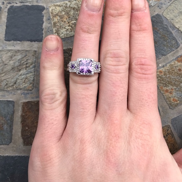 Purple Princess Cut Halo Silver Engagement Ring - Picture 2 of 6